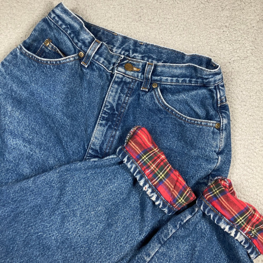 Vtg LL Bean Flannel Lined Jeans Womens 10 Blue Plaid High Rise Tapered Denim